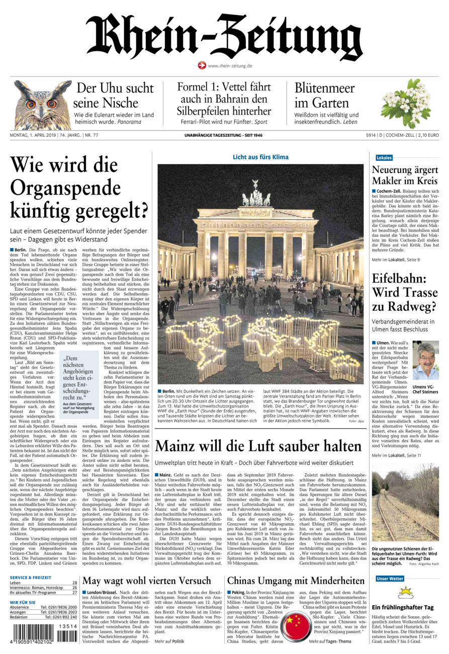 Rhein-Zeitung Kreis Cochem-Zell vom Montag, 01.04.2019