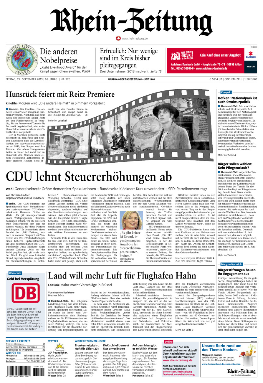 Rhein-Zeitung Kreis Cochem-Zell vom Freitag, 27.09.2013