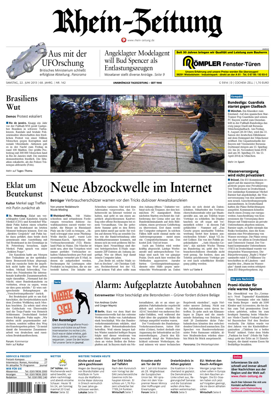 Rhein-Zeitung Kreis Cochem-Zell vom Samstag, 22.06.2013