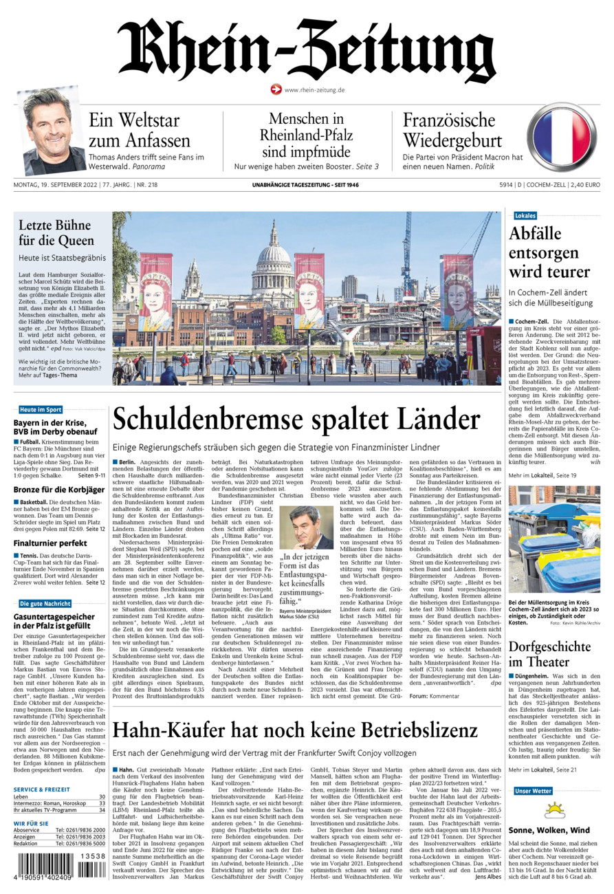 Rhein-Zeitung Kreis Cochem-Zell vom Montag, 19.09.2022