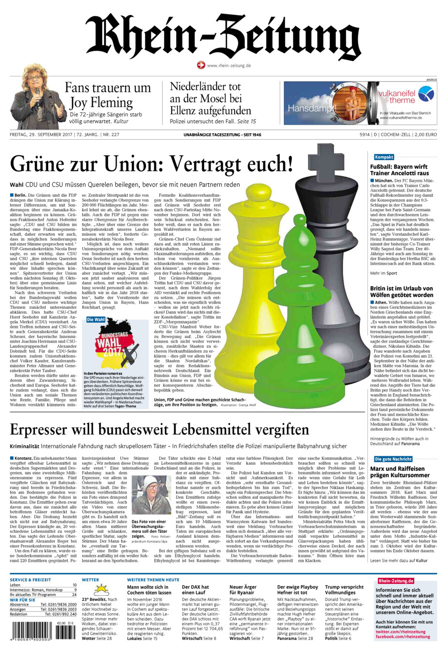 Rhein-Zeitung Kreis Cochem-Zell vom Freitag, 29.09.2017
