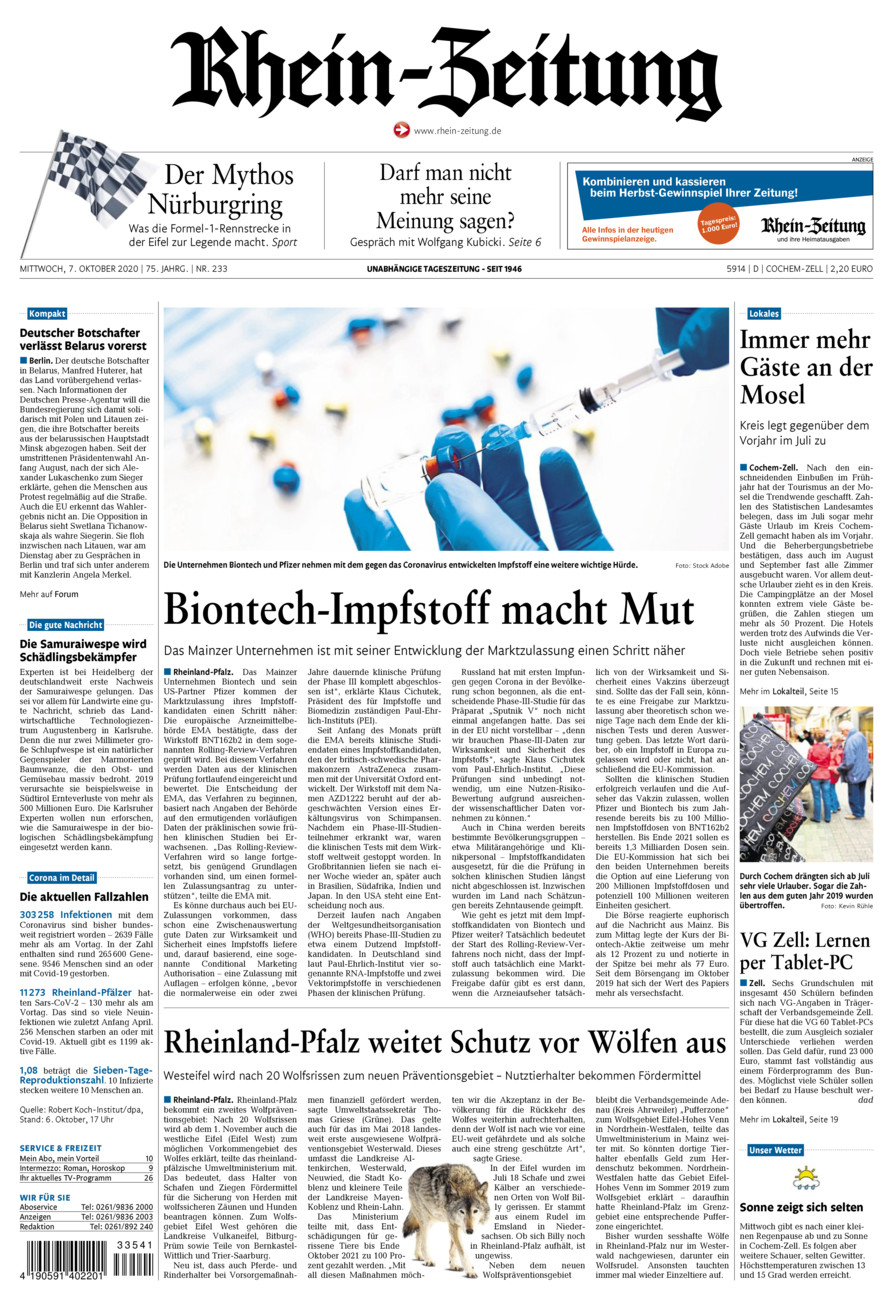 Rhein-Zeitung Kreis Cochem-Zell vom Mittwoch, 07.10.2020
