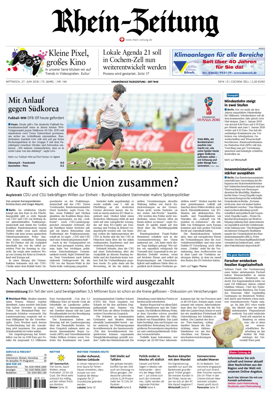 Rhein-Zeitung Kreis Cochem-Zell vom Mittwoch, 27.06.2018