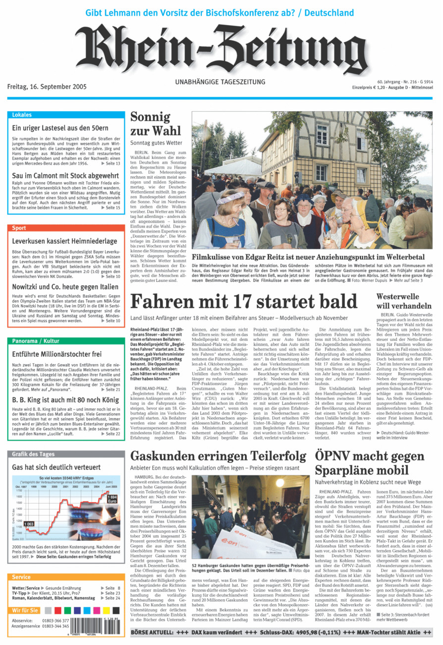 Rhein-Zeitung Kreis Cochem-Zell vom Freitag, 16.09.2005