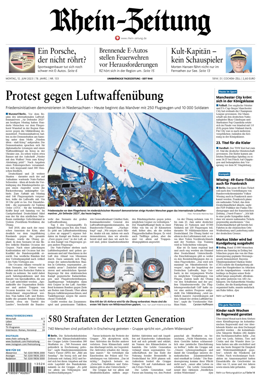 Rhein-Zeitung Kreis Cochem-Zell vom Montag, 12.06.2023