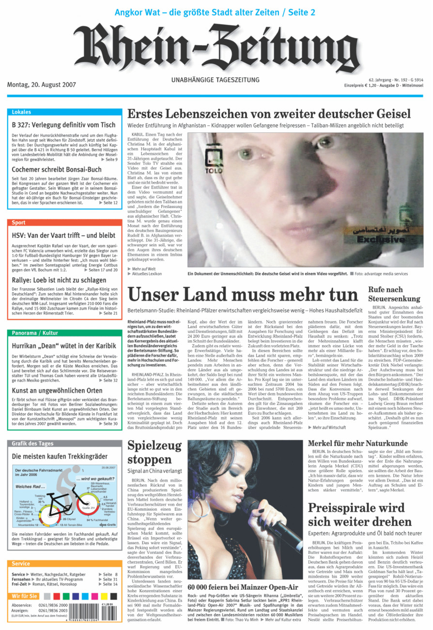 Rhein-Zeitung Kreis Cochem-Zell vom Montag, 20.08.2007