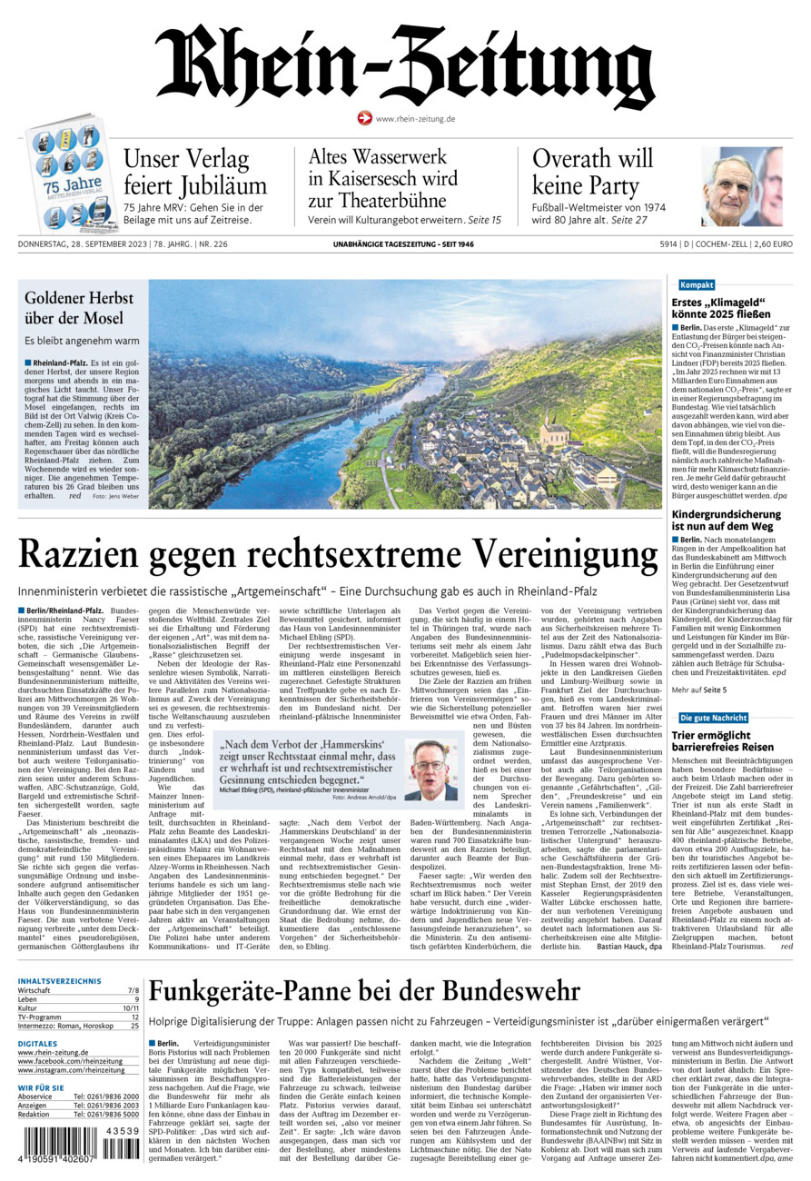 Rhein-Zeitung Kreis Cochem-Zell vom Donnerstag, 28.09.2023