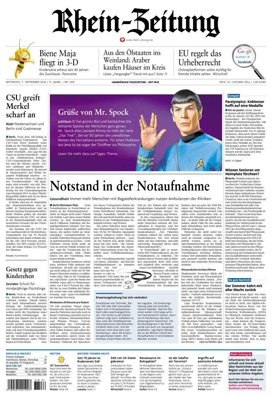 Rhein-Zeitung Kreis Cochem-Zell vom Mittwoch, 07.09.2016