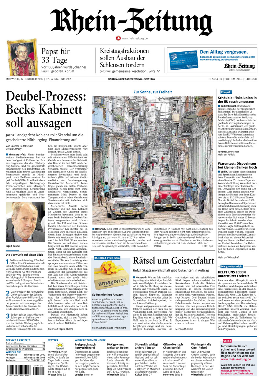 Rhein-Zeitung Kreis Cochem-Zell vom Mittwoch, 17.10.2012