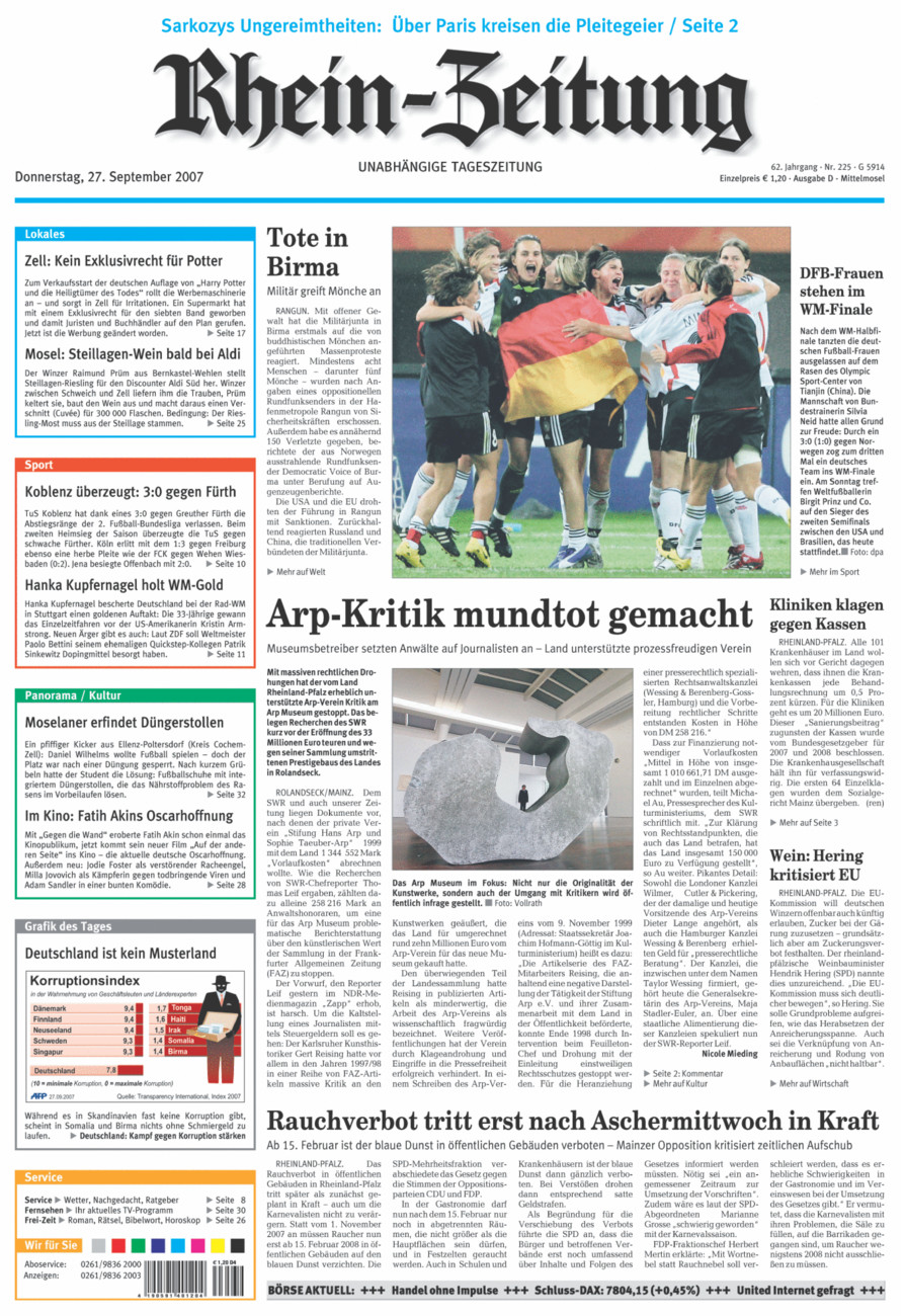 Rhein-Zeitung Kreis Cochem-Zell vom Donnerstag, 27.09.2007