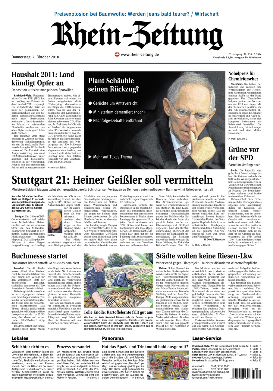 Rhein-Zeitung Kreis Cochem-Zell vom Donnerstag, 07.10.2010