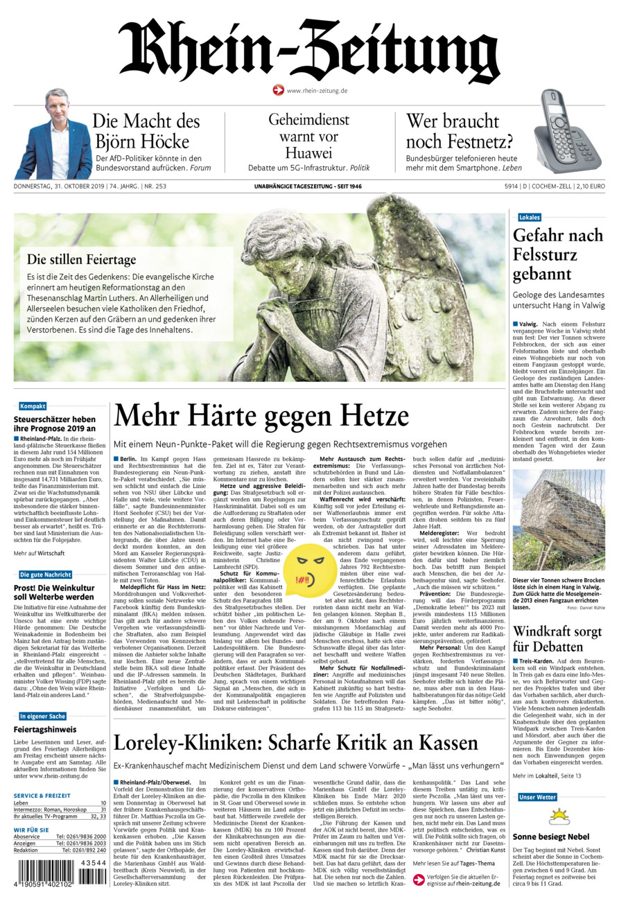 Rhein-Zeitung Kreis Cochem-Zell vom Donnerstag, 31.10.2019