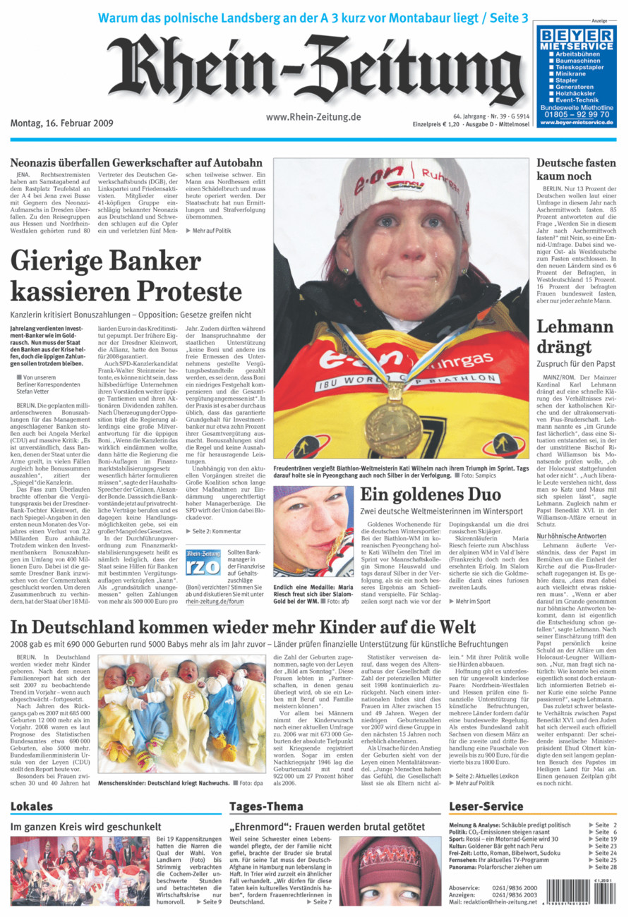 Rhein-Zeitung Kreis Cochem-Zell vom Montag, 16.02.2009