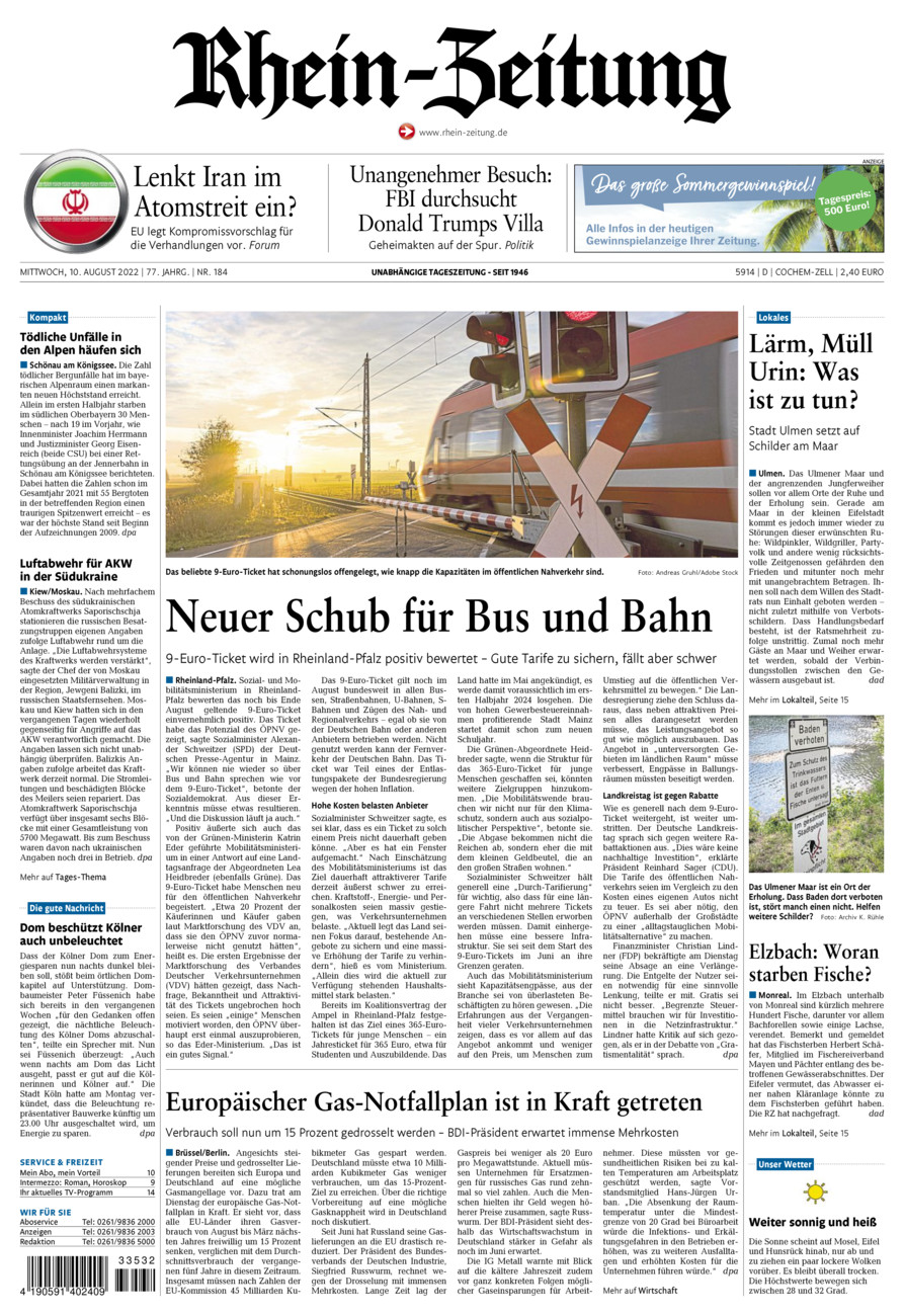 Rhein-Zeitung Kreis Cochem-Zell vom Mittwoch, 10.08.2022