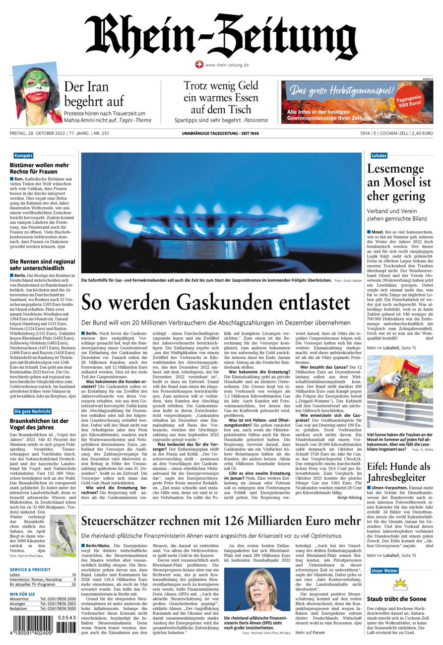 Rhein-Zeitung Kreis Cochem-Zell vom Freitag, 28.10.2022