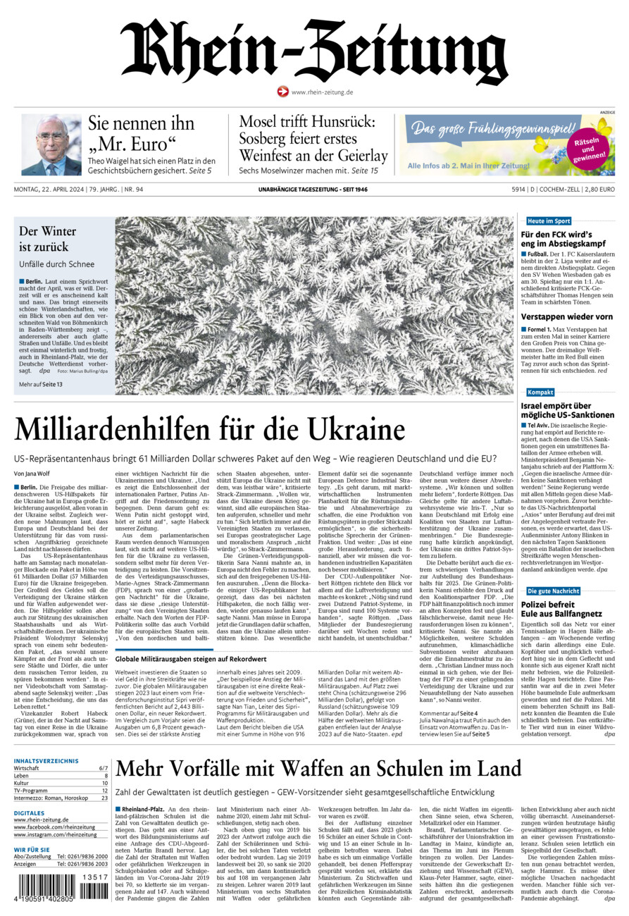 Rhein-Zeitung Kreis Cochem-Zell vom Montag, 22.04.2024
