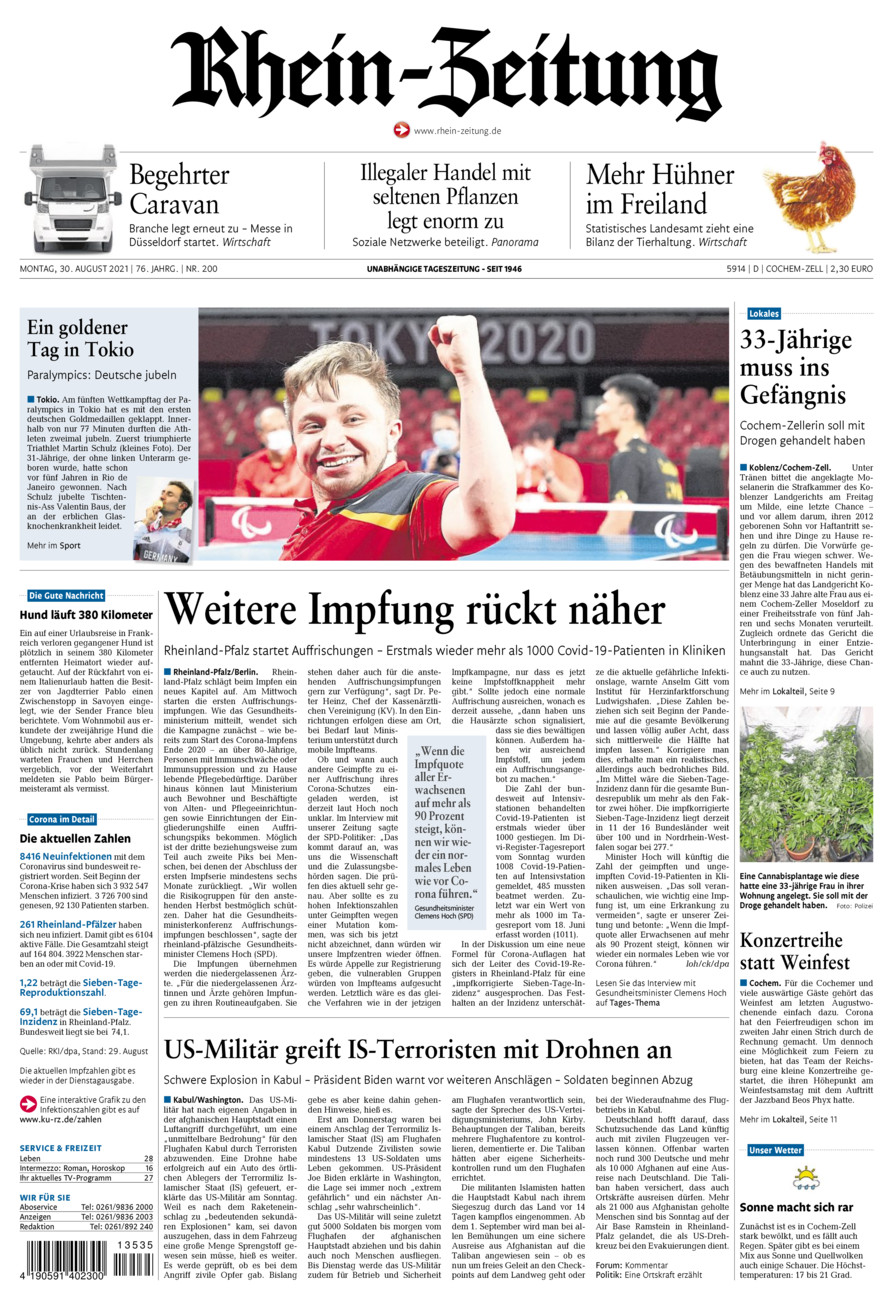 Rhein-Zeitung Kreis Cochem-Zell vom Montag, 30.08.2021