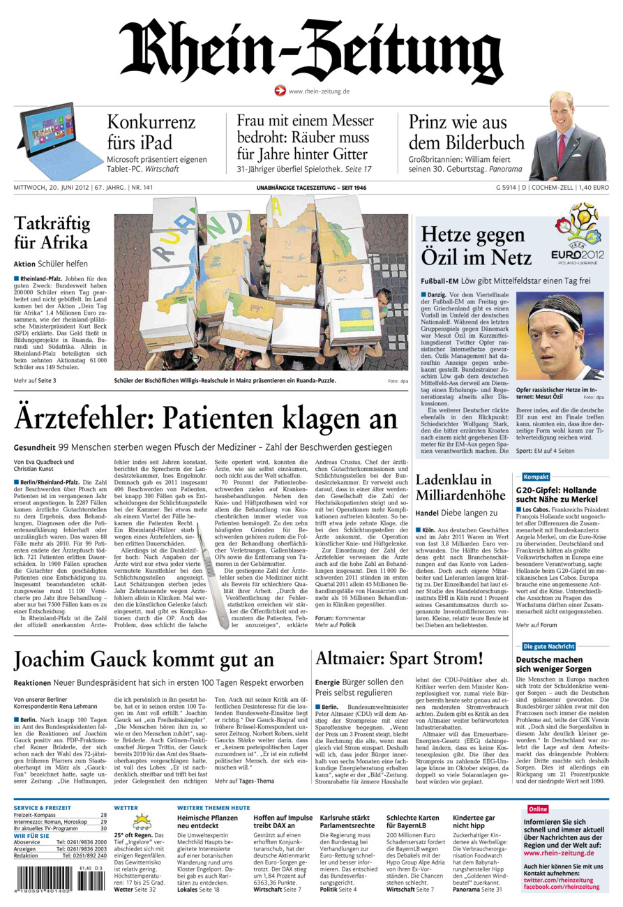 Rhein-Zeitung Kreis Cochem-Zell vom Mittwoch, 20.06.2012