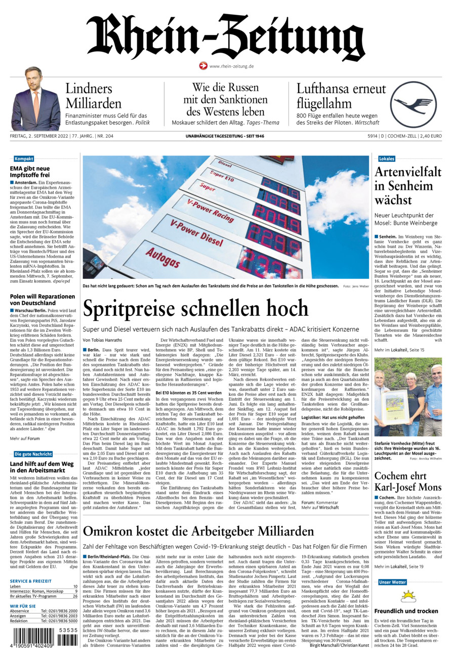 Rhein-Zeitung Kreis Cochem-Zell vom Freitag, 02.09.2022