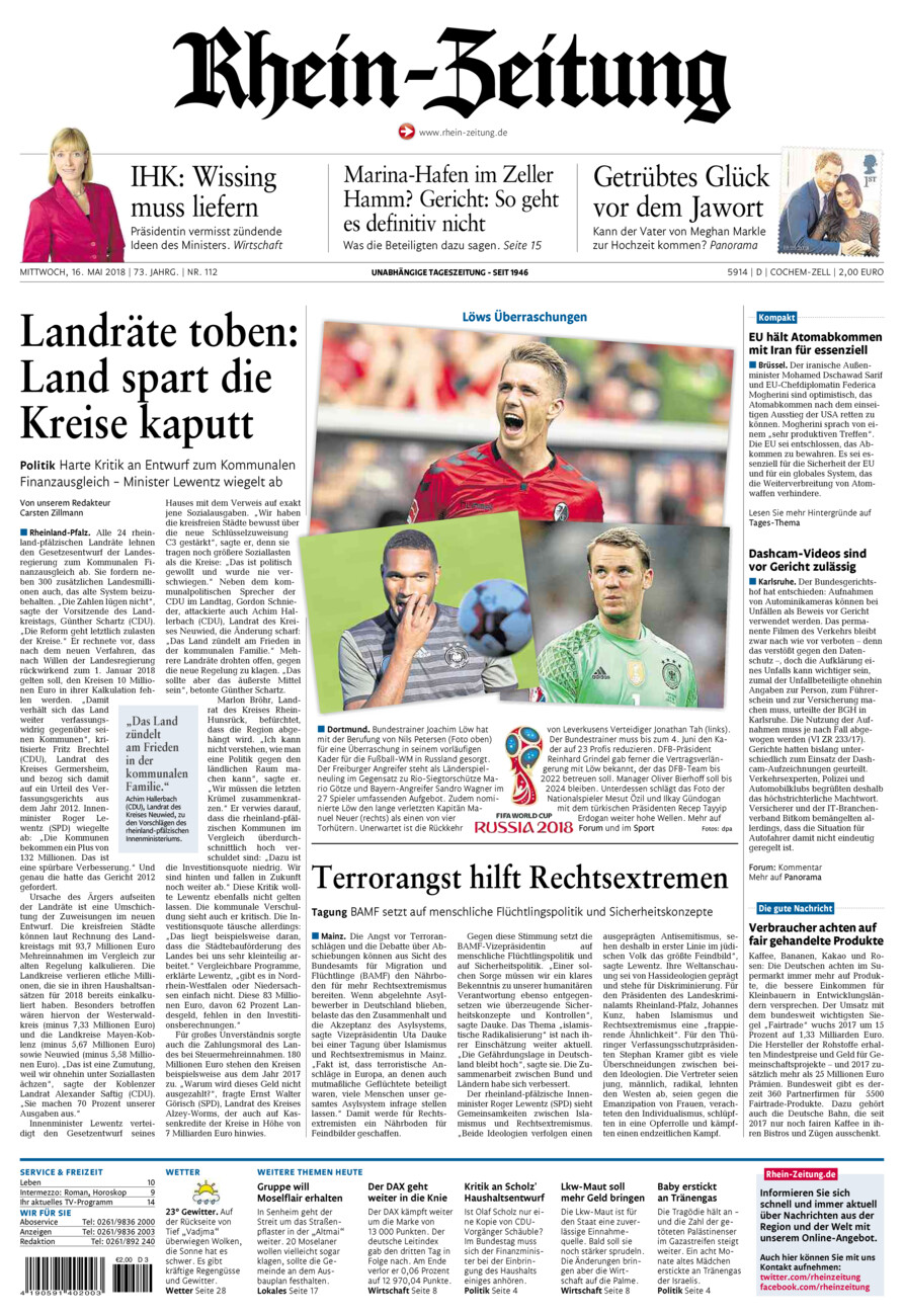 Rhein-Zeitung Kreis Cochem-Zell vom Mittwoch, 16.05.2018