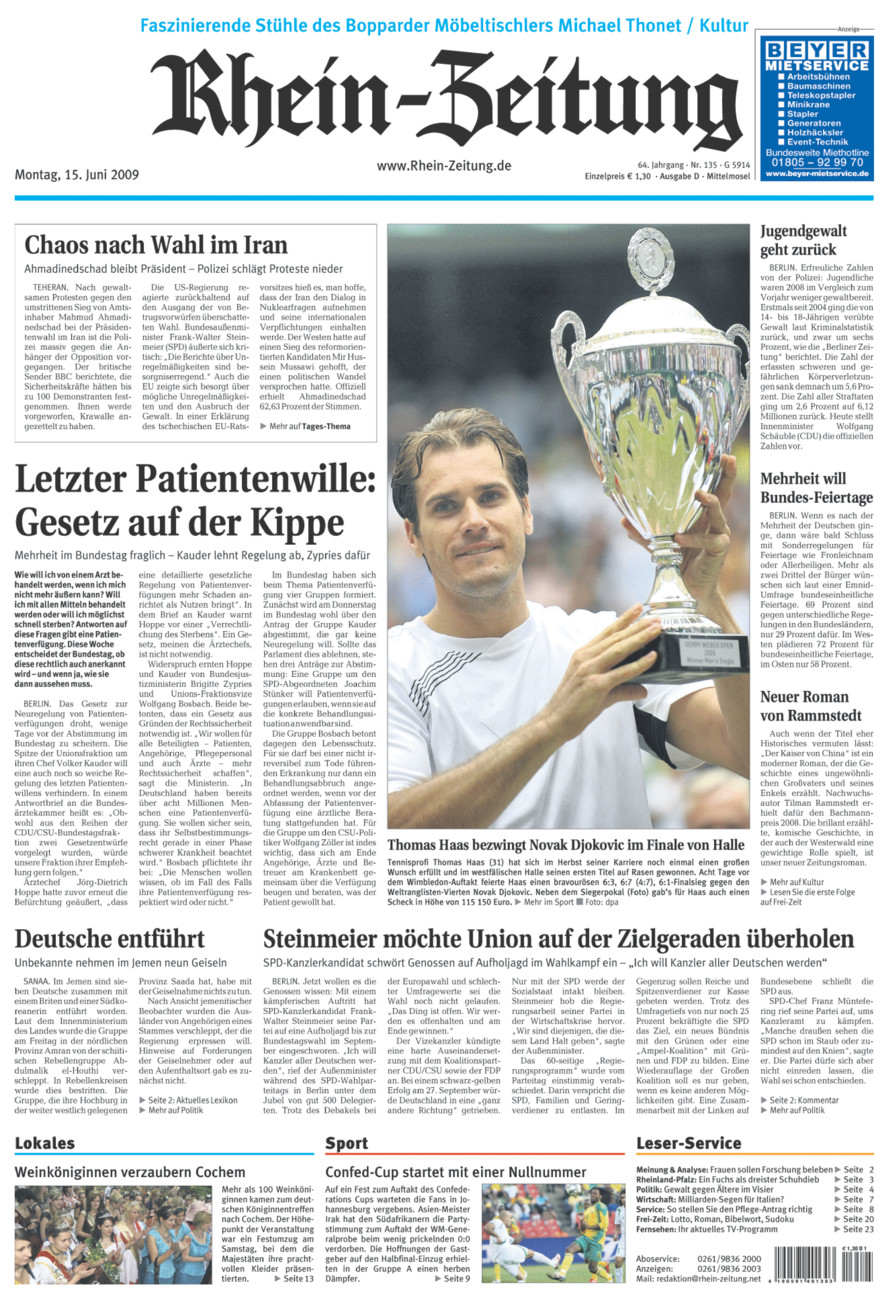 Rhein-Zeitung Kreis Cochem-Zell vom Montag, 15.06.2009