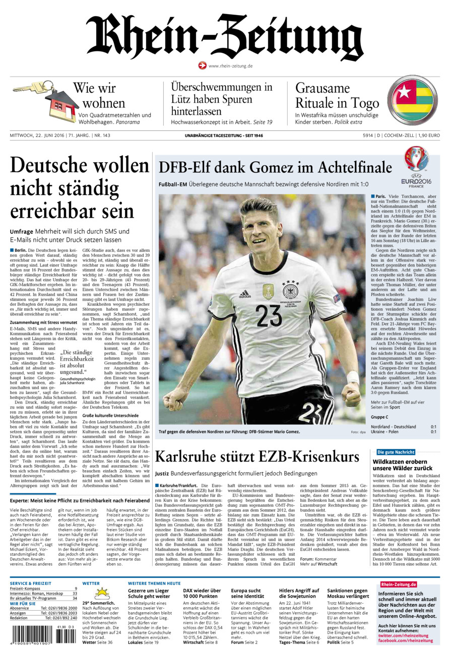 Rhein-Zeitung Kreis Cochem-Zell vom Mittwoch, 22.06.2016