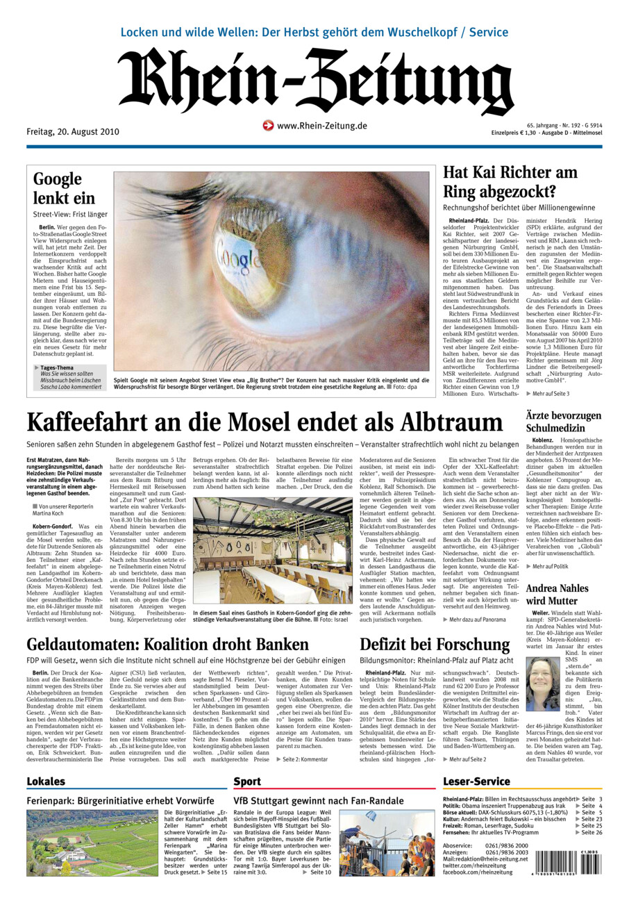 Rhein-Zeitung Kreis Cochem-Zell vom Freitag, 20.08.2010