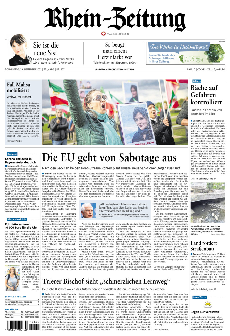 Rhein-Zeitung Kreis Cochem-Zell vom Donnerstag, 29.09.2022