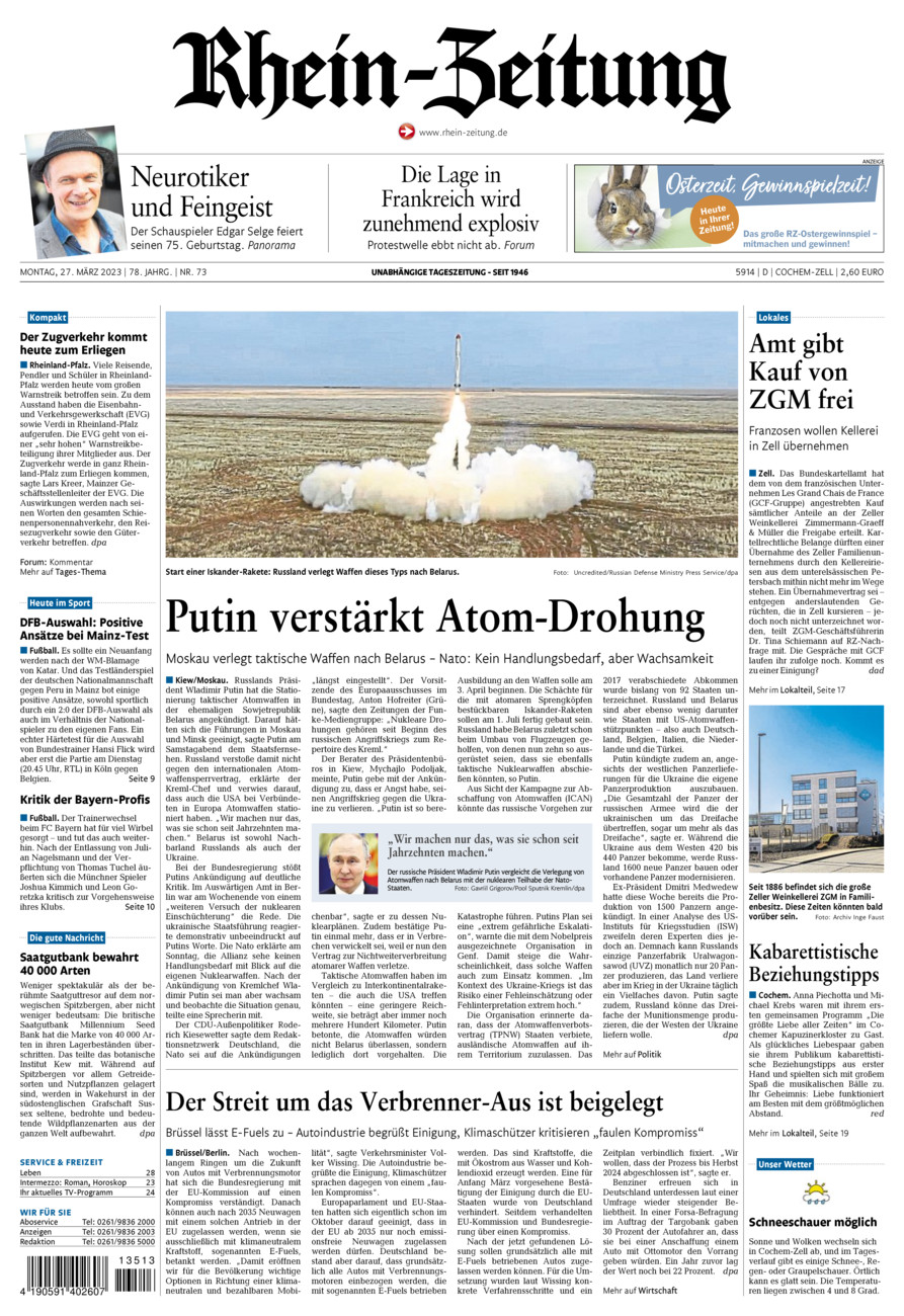 Rhein-Zeitung Kreis Cochem-Zell vom Montag, 27.03.2023