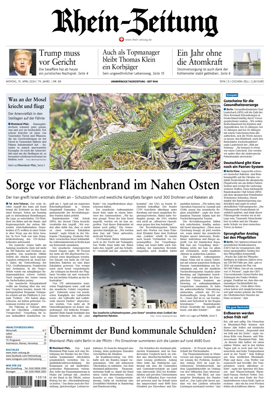Rhein-Zeitung Kreis Cochem-Zell vom Montag, 15.04.2024