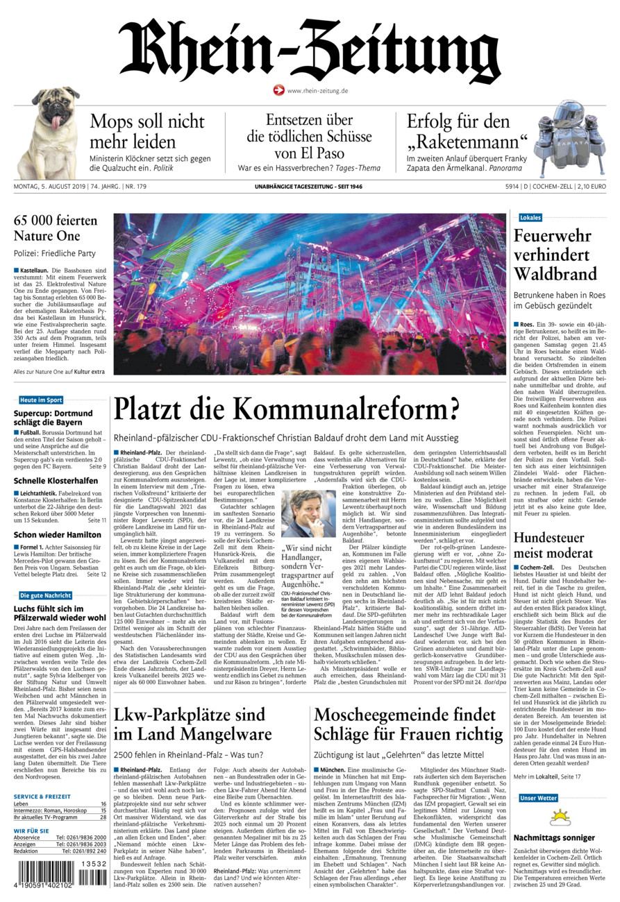Rhein-Zeitung Kreis Cochem-Zell vom Montag, 05.08.2019