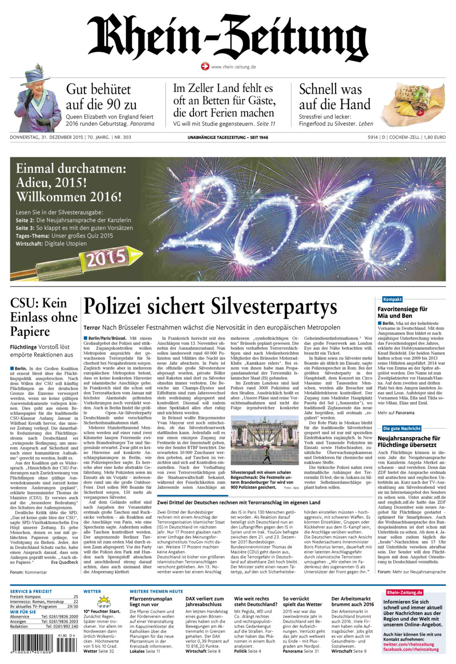 Rhein-Zeitung Kreis Cochem-Zell vom Donnerstag, 31.12.2015