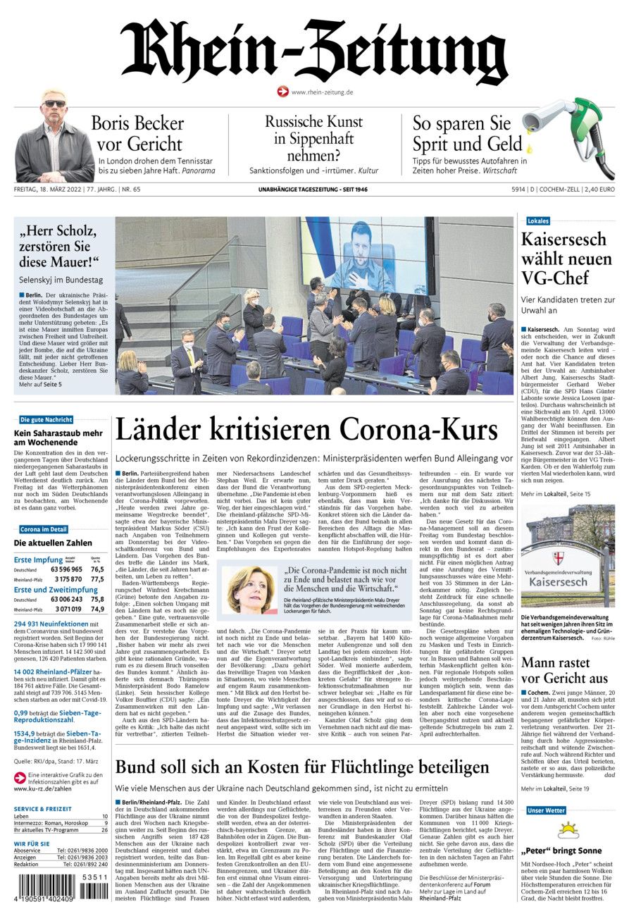 Rhein-Zeitung Kreis Cochem-Zell vom Freitag, 18.03.2022