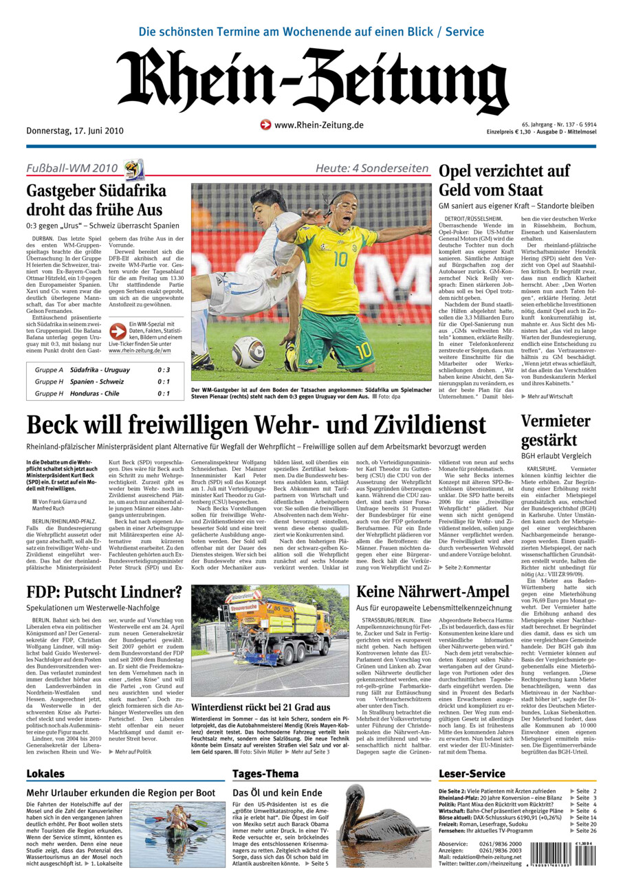 Rhein-Zeitung Kreis Cochem-Zell vom Donnerstag, 17.06.2010