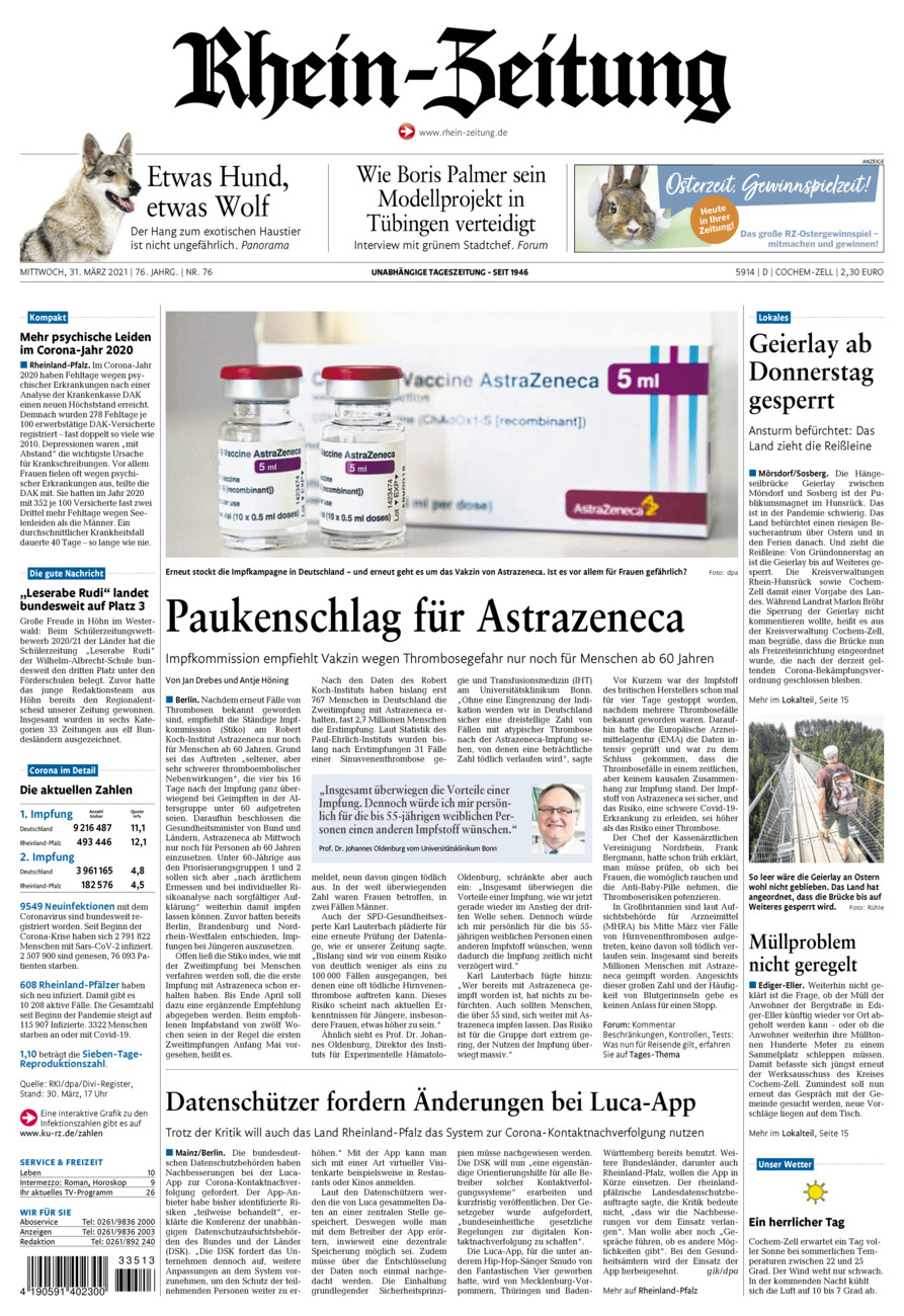 Rhein-Zeitung Kreis Cochem-Zell vom Mittwoch, 31.03.2021
