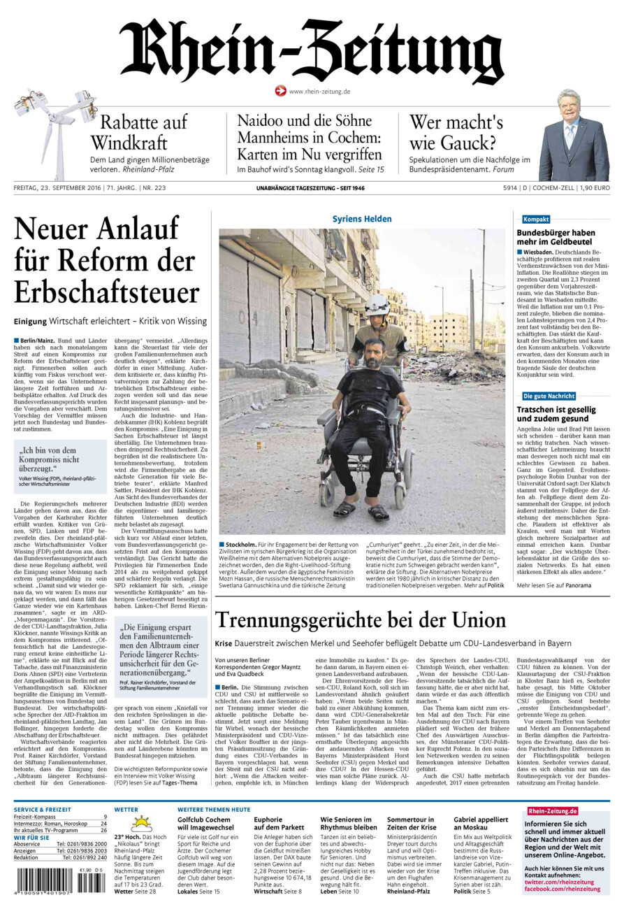 Rhein-Zeitung Kreis Cochem-Zell vom Freitag, 23.09.2016