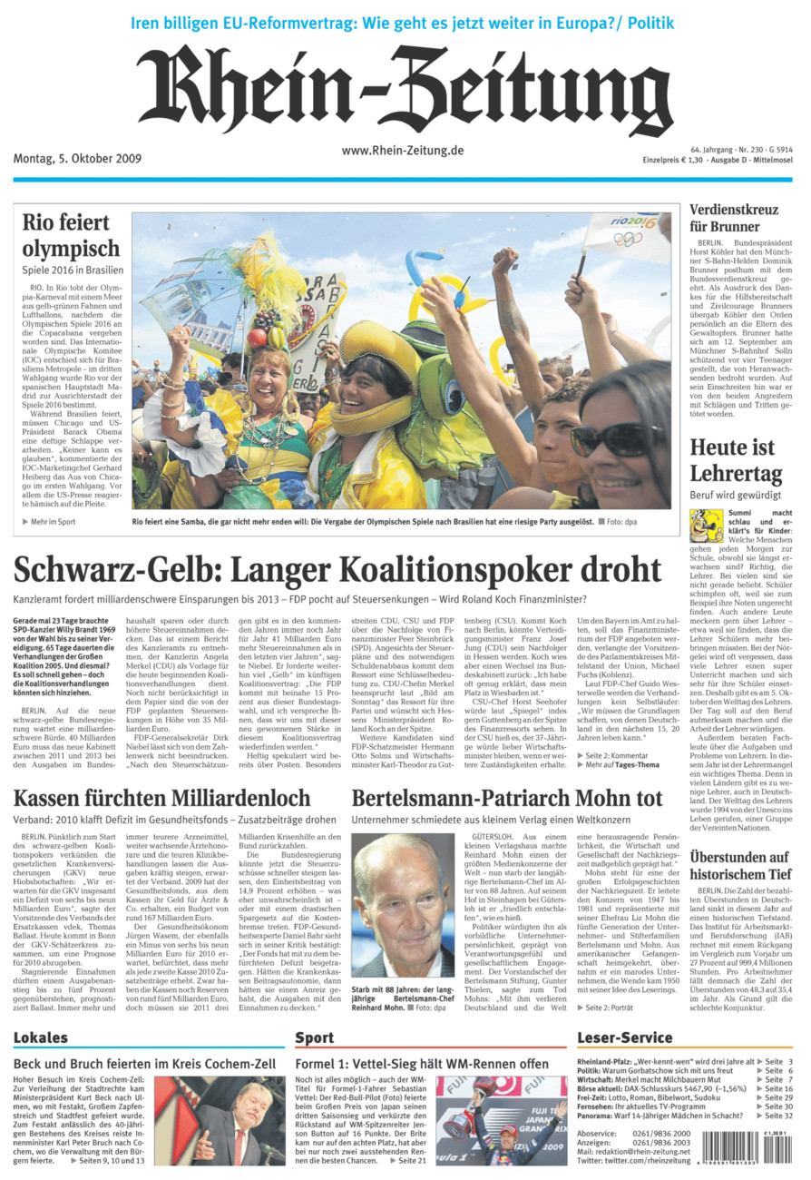 Rhein-Zeitung Kreis Cochem-Zell vom Montag, 05.10.2009