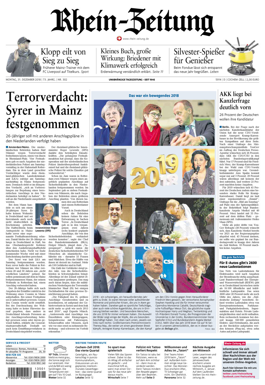 Rhein-Zeitung Kreis Cochem-Zell vom Montag, 31.12.2018