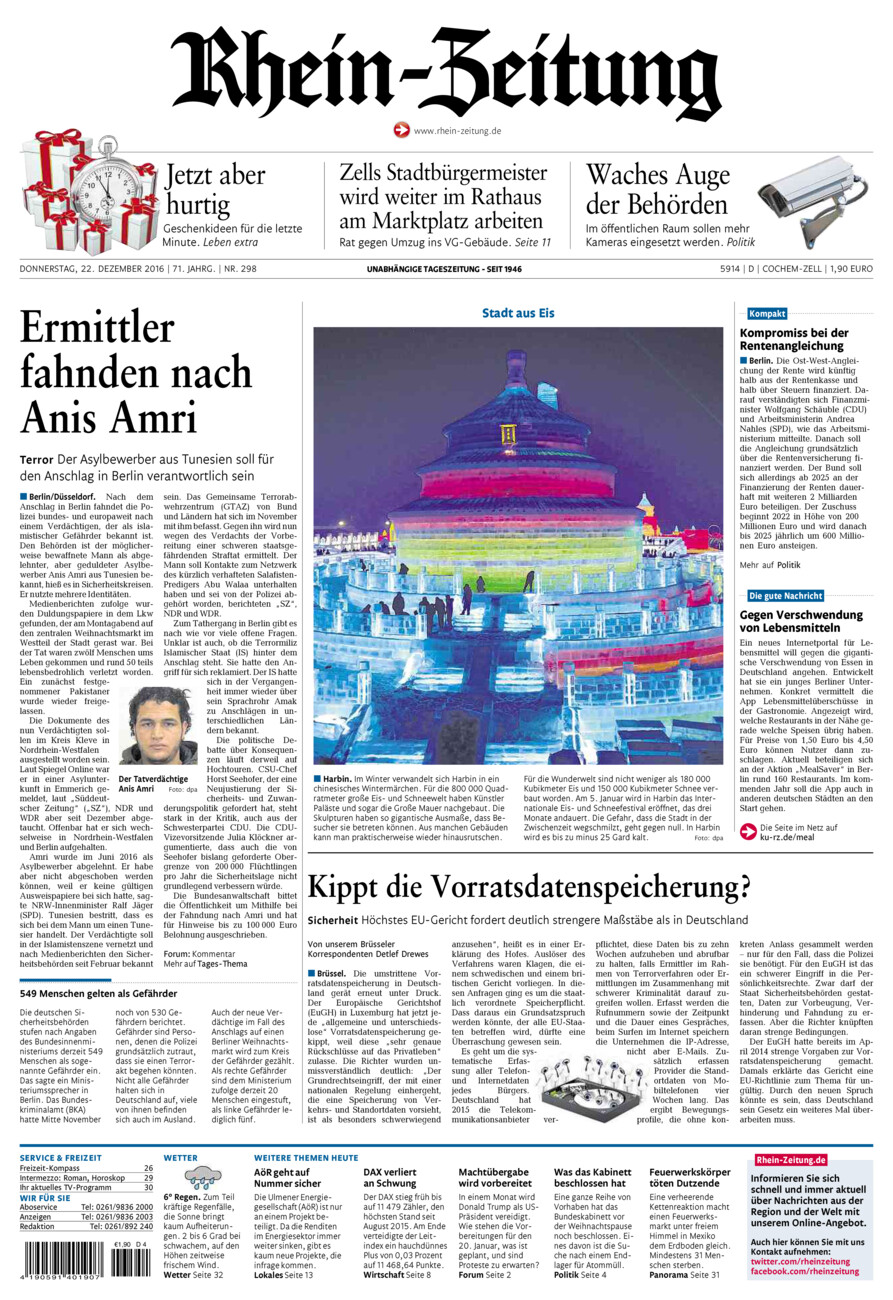 Rhein-Zeitung Kreis Cochem-Zell vom Donnerstag, 22.12.2016