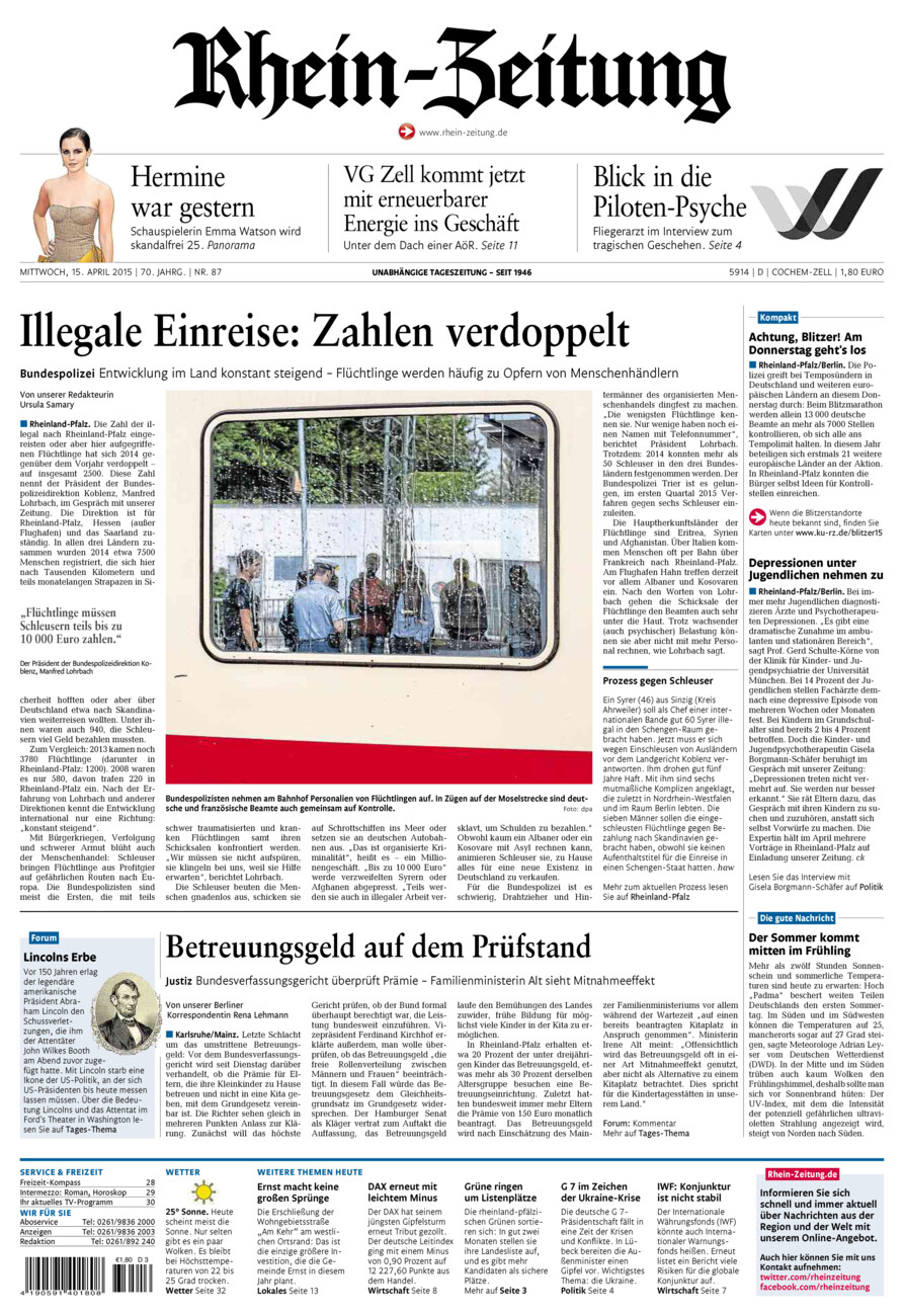 Rhein-Zeitung Kreis Cochem-Zell vom Mittwoch, 15.04.2015