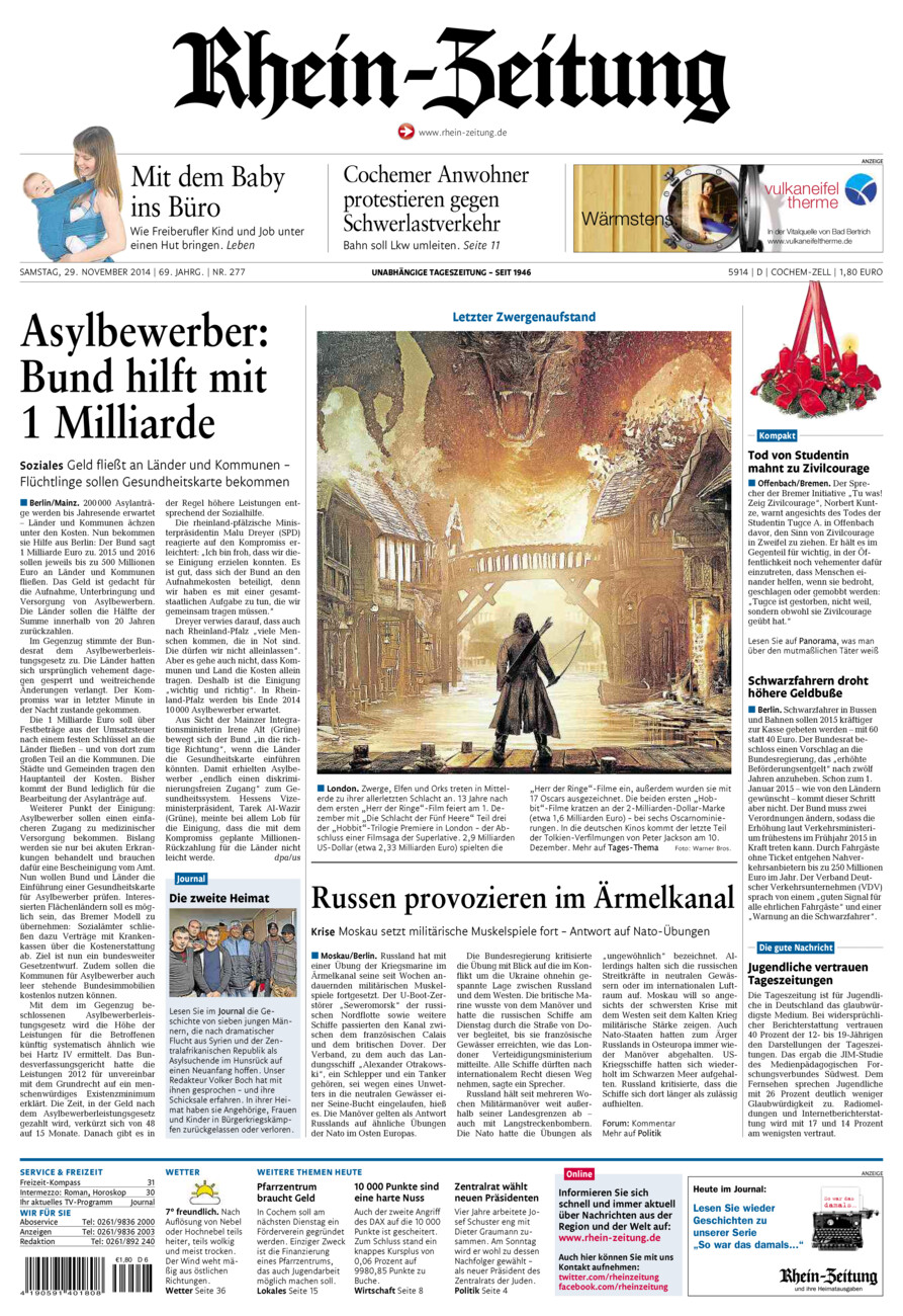 Rhein-Zeitung Kreis Cochem-Zell vom Samstag, 29.11.2014
