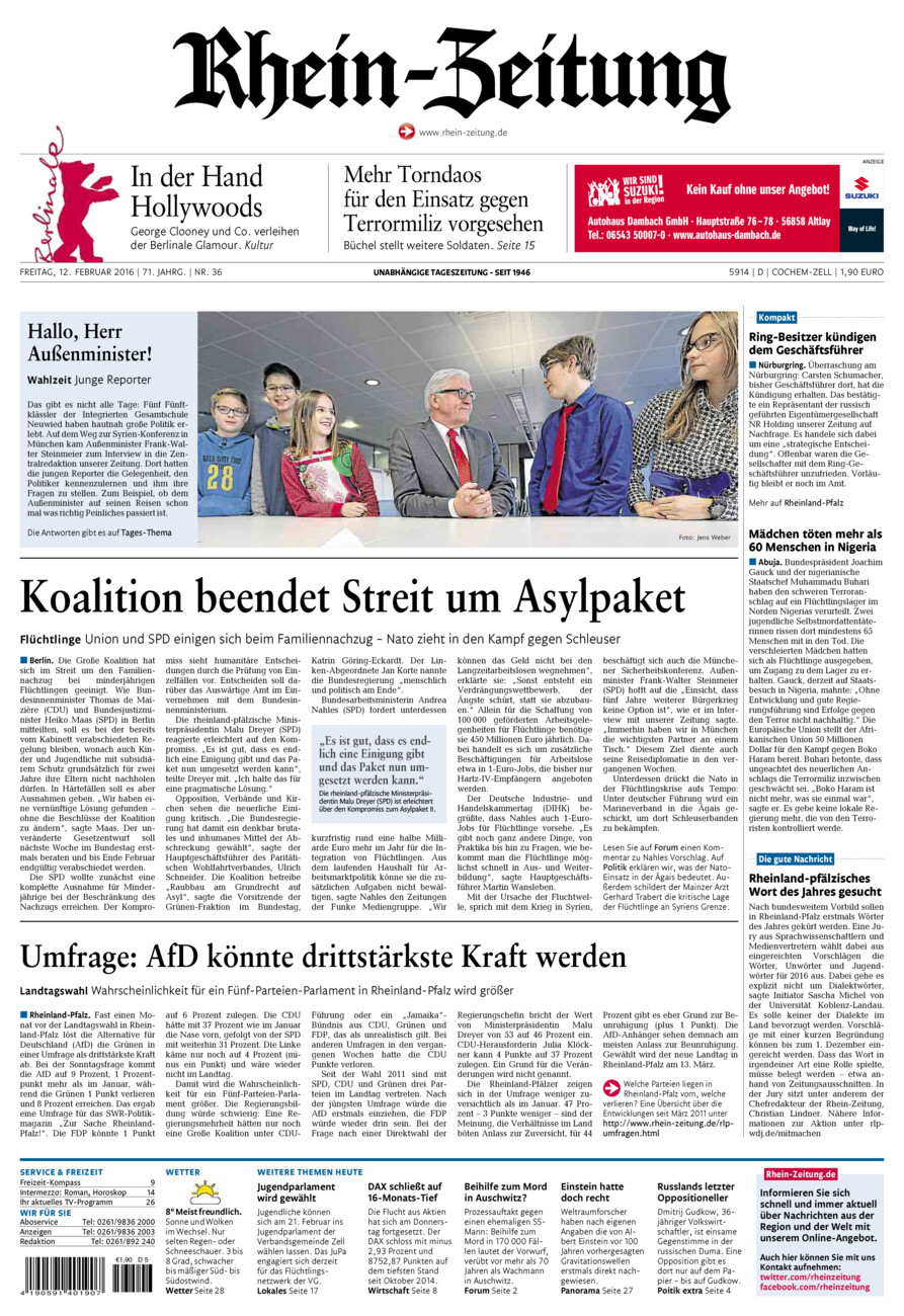 Rhein-Zeitung Kreis Cochem-Zell vom Freitag, 12.02.2016