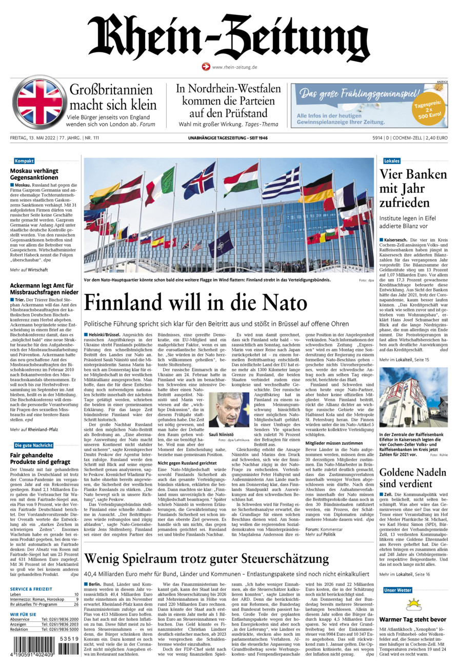 Rhein-Zeitung Kreis Cochem-Zell vom Freitag, 13.05.2022