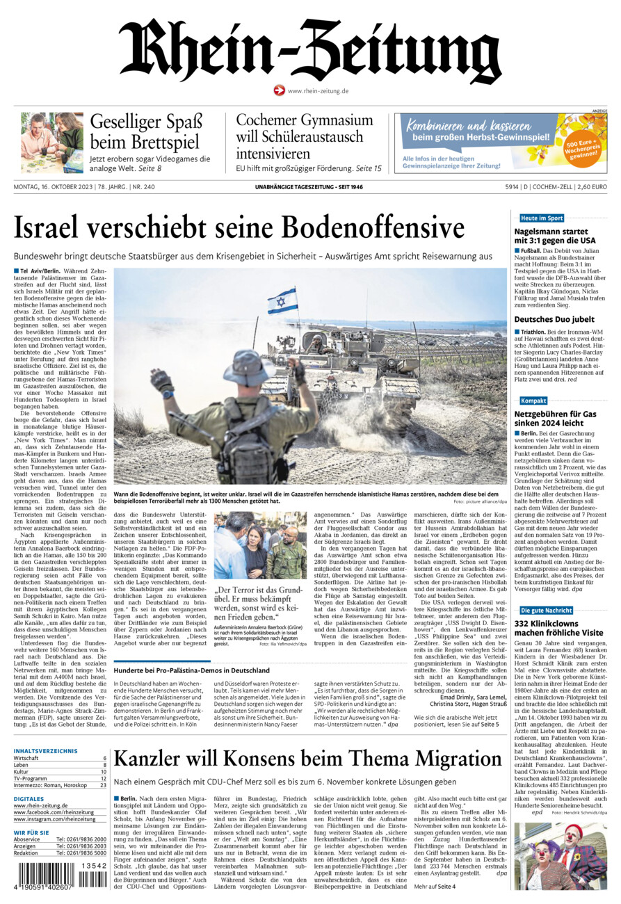Rhein-Zeitung Kreis Cochem-Zell vom Montag, 16.10.2023