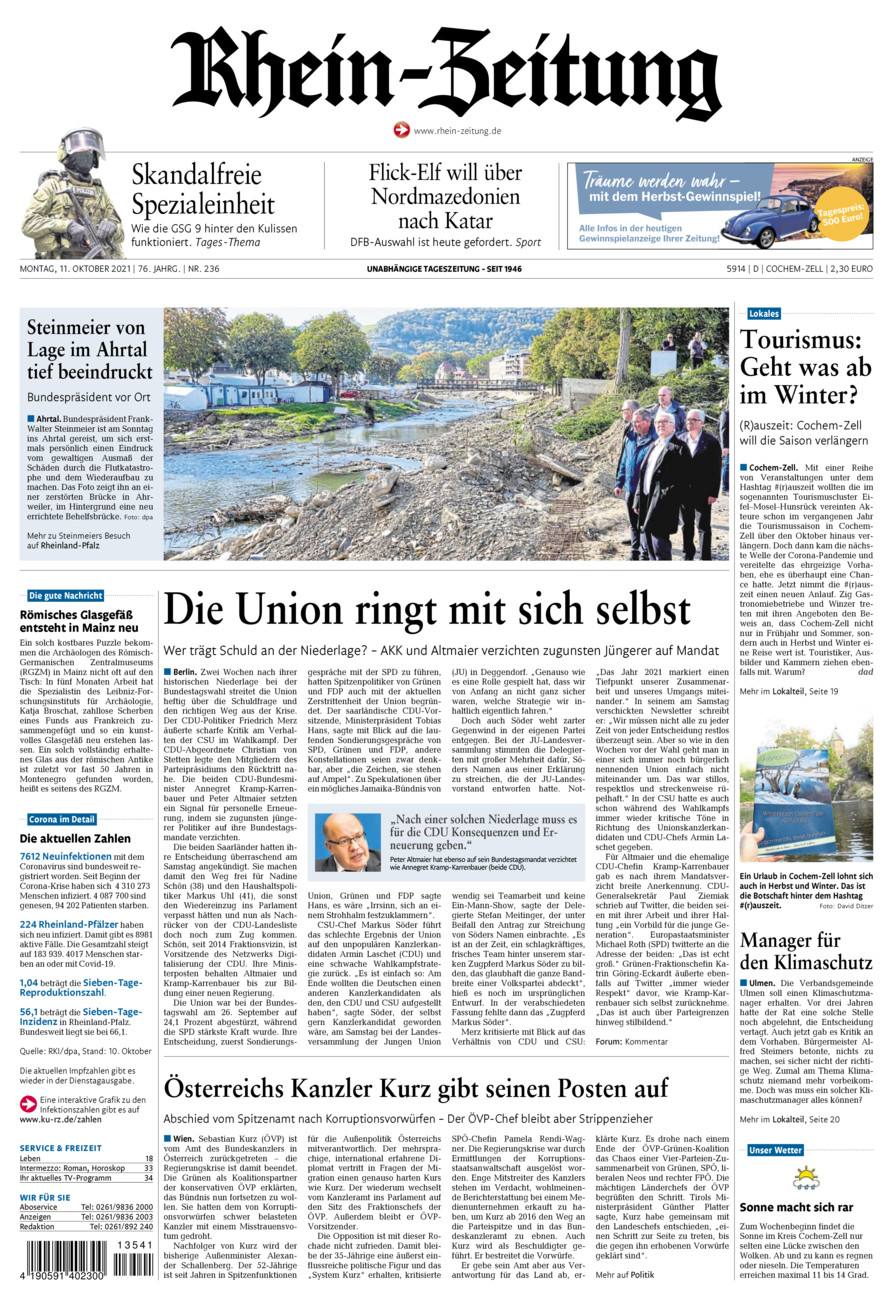Rhein-Zeitung Kreis Cochem-Zell vom Montag, 11.10.2021