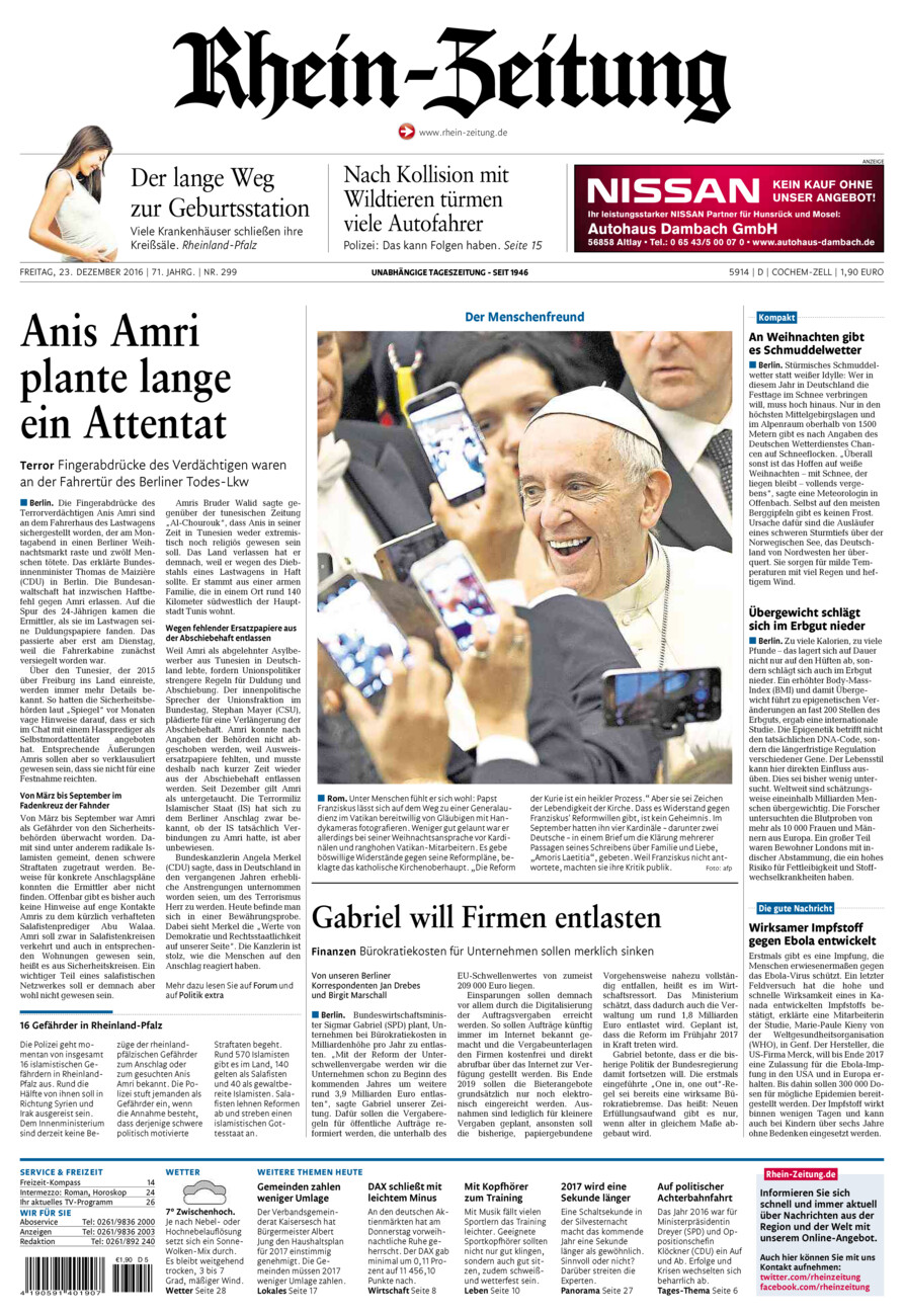 Rhein-Zeitung Kreis Cochem-Zell vom Freitag, 23.12.2016
