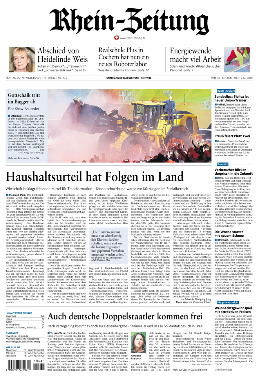 Rhein-Zeitung Kreis Cochem-Zell vom Montag, 27.11.2023