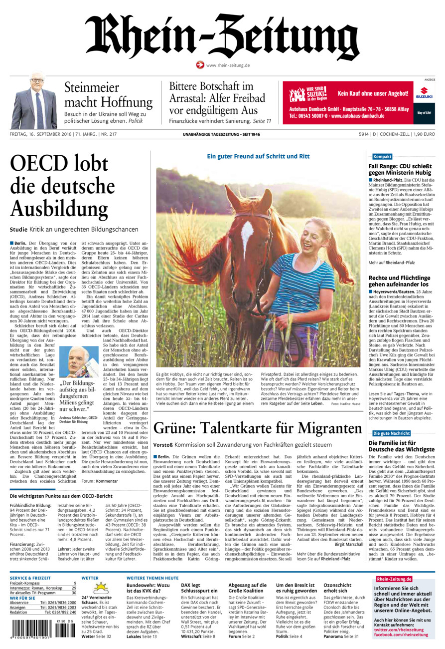 Rhein-Zeitung Kreis Cochem-Zell vom Freitag, 16.09.2016