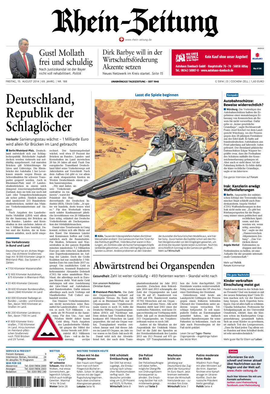 Rhein-Zeitung Kreis Cochem-Zell vom Freitag, 15.08.2014