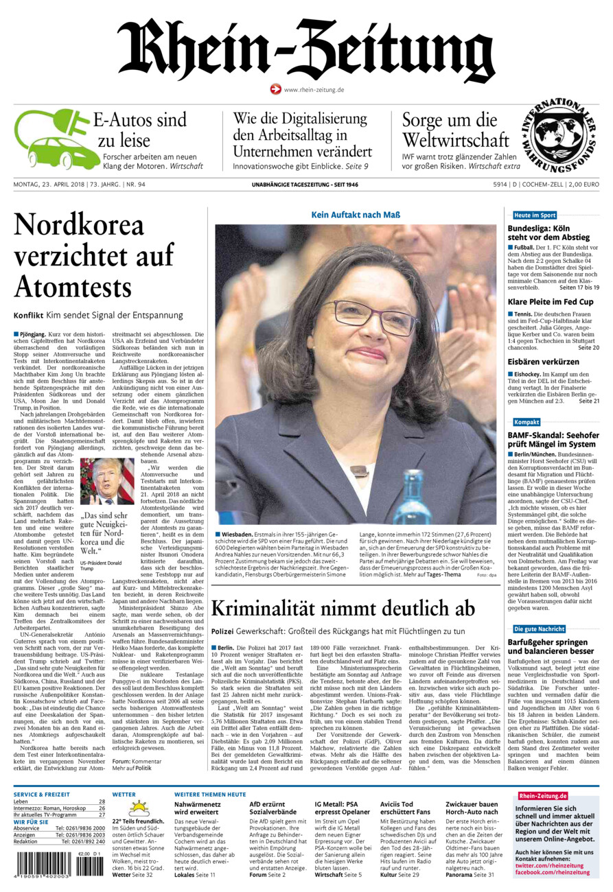Rhein-Zeitung Kreis Cochem-Zell vom Montag, 23.04.2018